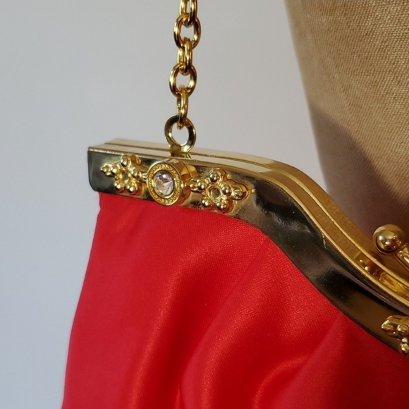 Jessica McClintock Evening Purse Red Satin Gold Chain Kiss Lock - Picture 5 of 8